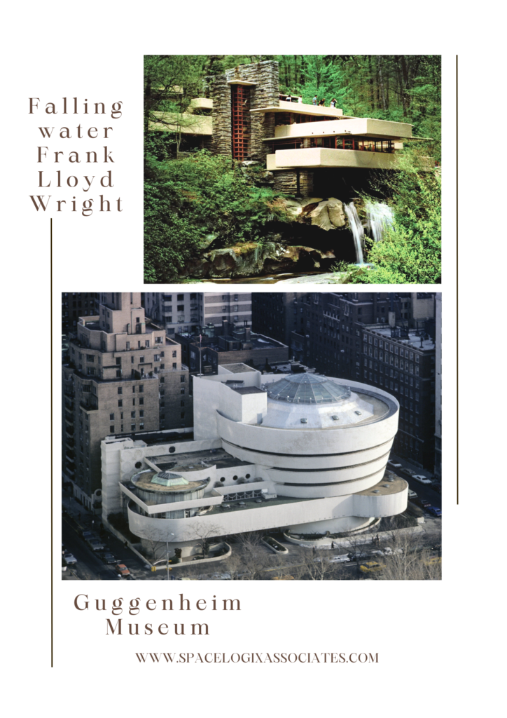 falling water an architectural marvel built by franl lloyd wright. below is the Guggenheim museum built by architect franl lloyd wright